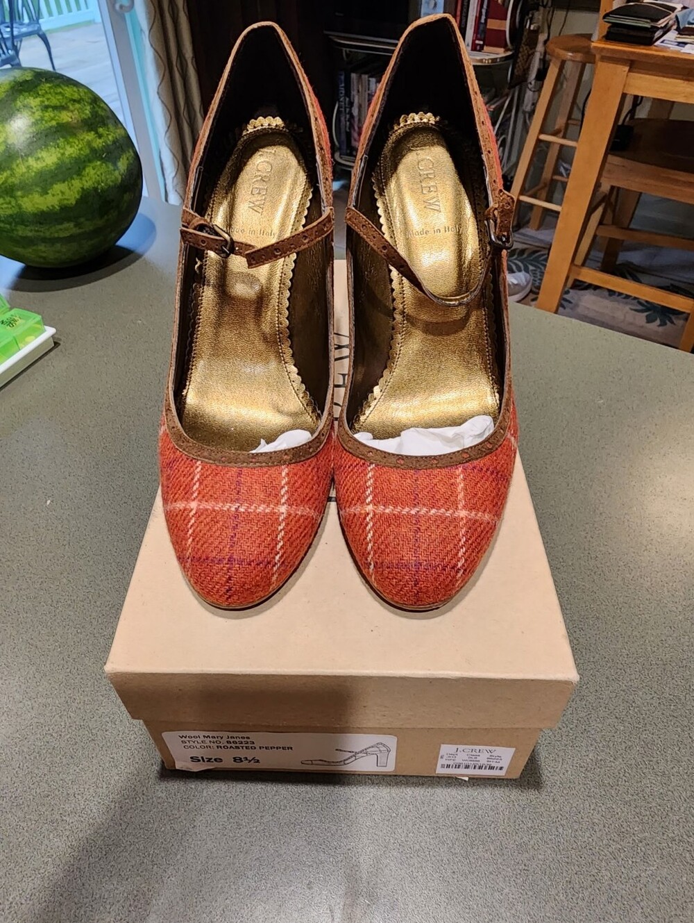 J. Crew Orange Plaid Mary Jane Heels with Gold Insole